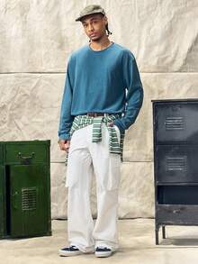 Norleigh Men's Casual Washed Loose Fit Round Neck Long Sleeve T-Shirt - Blue - View 5