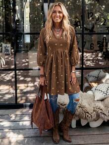 LanaWest Women's Western Casual V-Neck Corduroy Ribbed Embroidered Floral Ruched Babydoll Short Dress - Brown - View 3