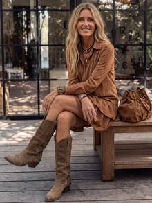 SHEIN LilyWest Women's Fashion Spring Summer Autumn Coffee Color Cake Mini Dress - Coffee - View 3