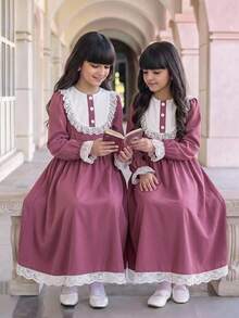 Tween Girl 秋季粉色校服洋裝，蕾絲飾邊拼接彼得潘領收腰 A 字裙長洋裝，隱形拉鍊，適合小學與國中返校及校外教學穿搭 - 粉色 - 查看 3