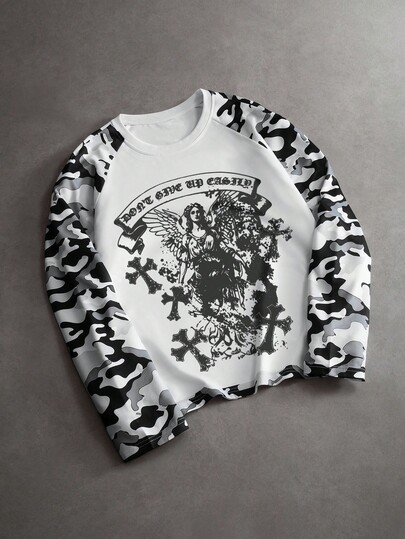 STEELVANCE Men's Crew Neck Letter & Angel Graphic Casual Daily T-Shirt