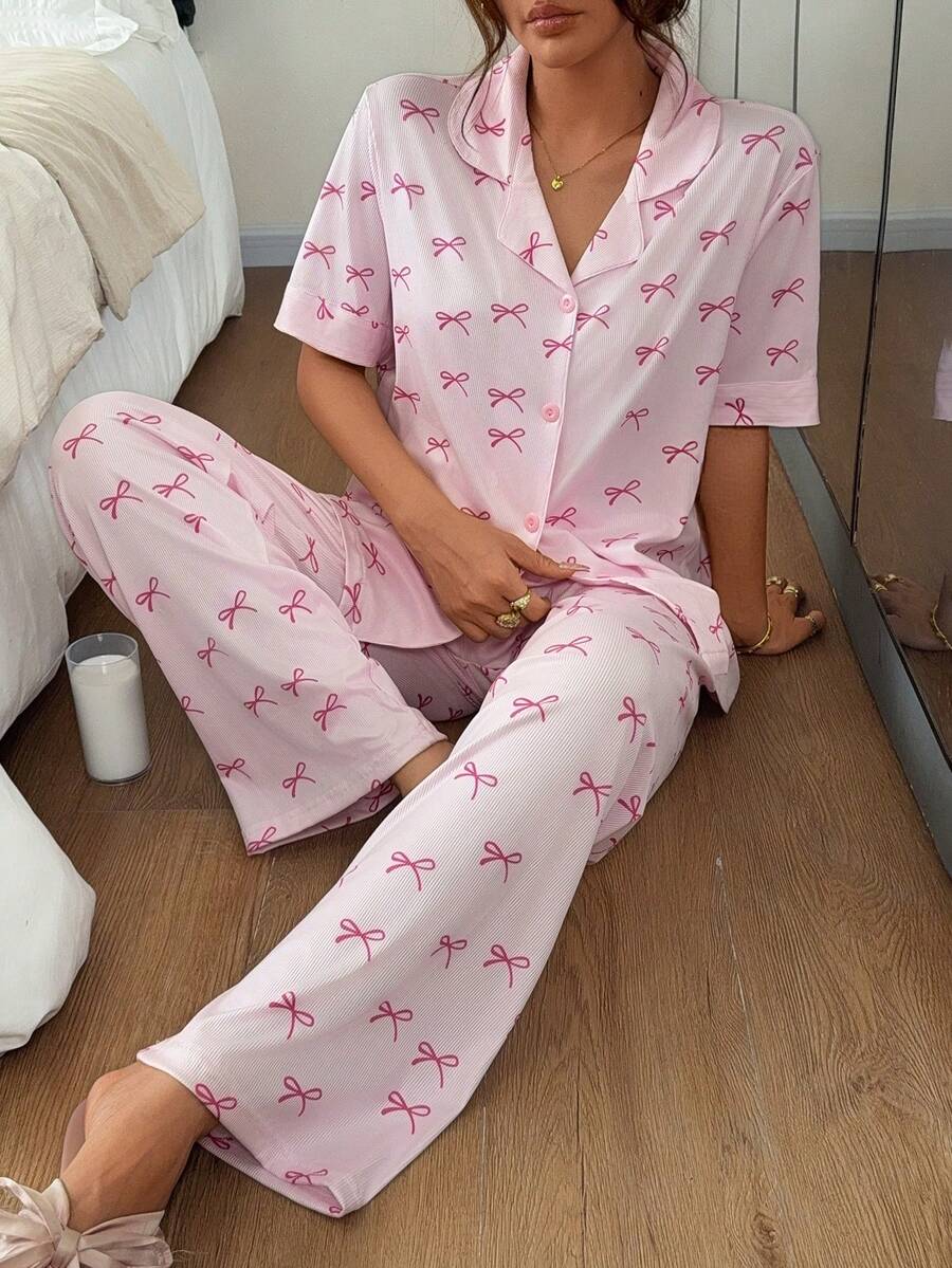 Napfluff Women's Bow Print Button-Down Lapel Shirt Style Short Sleeve Pajama Set - Pink - View 1