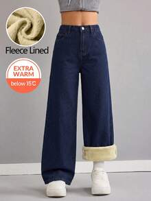 SHEIN Tween Girl Tween Girl Girls' Big Tween Girl Autumn/Winter Deep Blue Denim Fleece Lined Loose Fit Long Pants - Blue - View 3