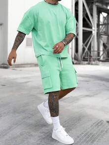 Manfinity Homme Men's Solid Color Crew Neck Short Sleeve T-Shirt And Drawstring Waist Cargo Shorts 2-Piece Set - Mint Green - View 1