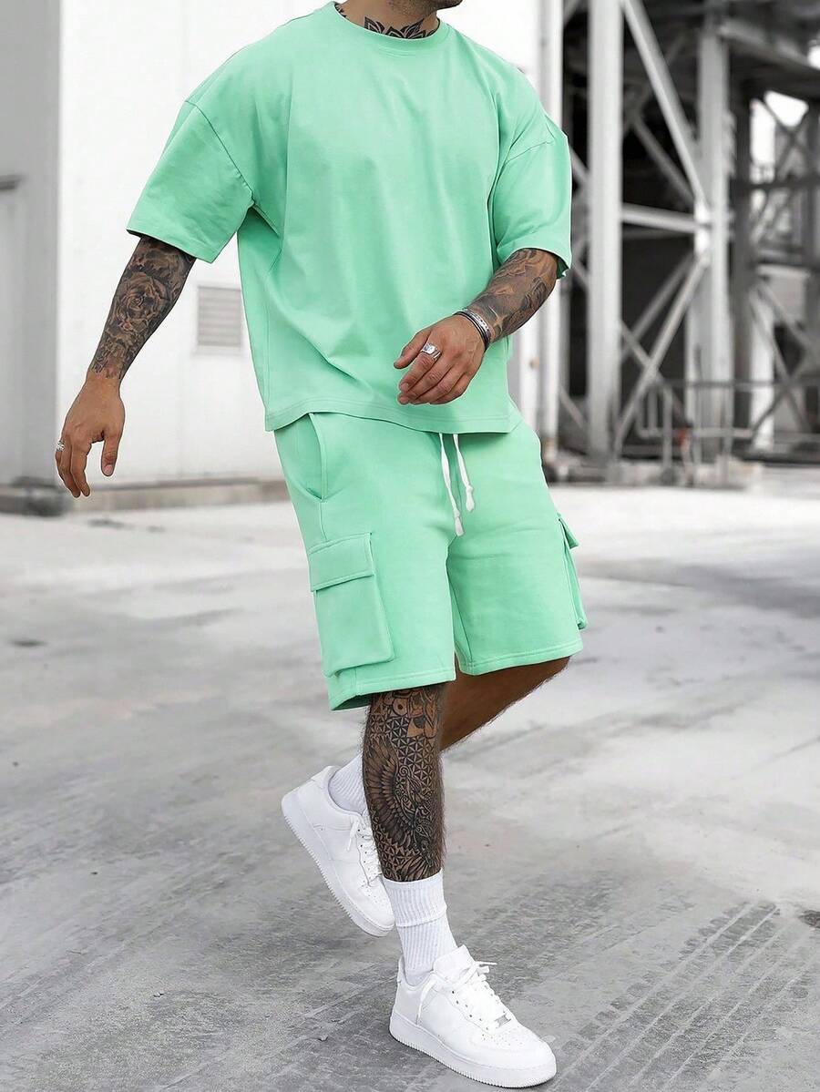 Manfinity Homme Men's Solid Color Crew Neck Short Sleeve T-Shirt And Drawstring Waist Cargo Shorts 2-Piece Set - Mint Green - View 1
