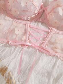 QuietHaus Romantic Embroidered Front Hollow-Out Cross Ribbon Bow Decor Lingerie Bra 1pc - Pink - View 4