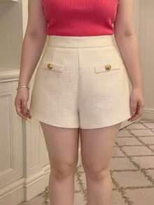 Dazy Plus Semi-Elastic Waist Elegant Fitted White Versatile Spring/Autumn Thick Shorts - Apricot - View 5