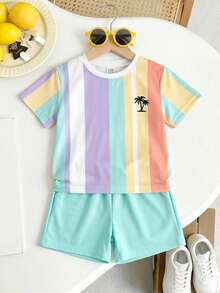 SHEIN Streecool Kids 2件組小男孩休閒椰子標語印花短袖圓領T恤與短褲套裝，適合夏季日常休閒穿著、度假海灘假期，兒童夏季套裝 - 彩色 - 查看 8