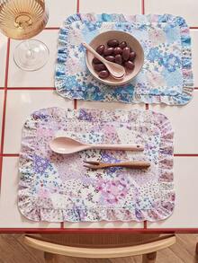SHEIN Patchwork Floral Long Table Runner, Ruffled Edge Fresh Natural Pastoral Style Table Mat, Kitchen & Dining Room Decor, 2 Colors Available (Purple & Blue Patchwork Floral) - Purple/blue spliced flower - View 1