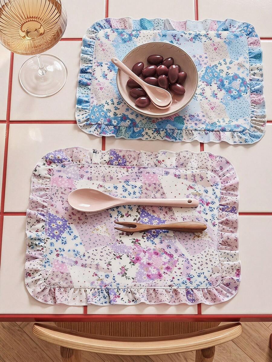 SHEIN Patchwork Floral Long Table Runner, Ruffled Edge Fresh Natural Pastoral Style Table Mat, Kitchen & Dining Room Decor, 2 Colors Available (Purple & Blue Patchwork Floral) - Purple/blue spliced flower - View 1