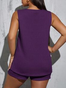 SHEIN Essnce 大尺碼夏季休閒純色側開衩背心與短褲兩件套 - 紫色 - 查看 2
