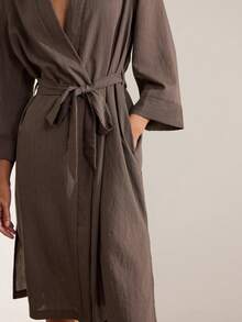 Ocili Comfortable Natural Linen Striped Women's Loungewear Robe - Black - View 6