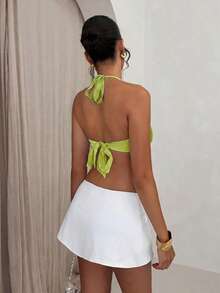 SHEIN Allurite 女款橄欖綠亮片花卉圖案修身掛脖上衣，優雅百搭，適合日常、約會之夜、性感、度假、生日、外出穿搭 - 綠色 - 查看 2