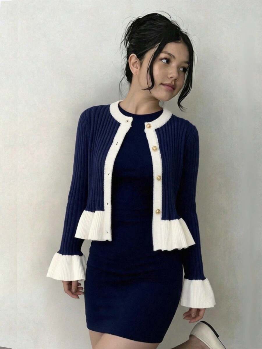 SHEIN 女童秋冬時尚法式極簡優雅荷葉邊針織長袖上衣 正式告別風 海軍藍與白色 - 藍色 - 查看 1