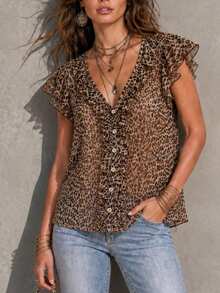 Solivie Blusa Feminina de Verão com Estampa de Leopardo e Babados - Multicolorido - Visão 3