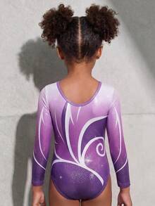 SHEIN Young Girls Activewear Purple Ombre Shiny Leotard, Long Sleeve Bodysuit, Autumn Winter, Training & Competition Fall Winter, Back To School, Dance, Gym - Purple - View 3