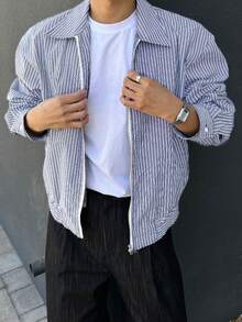 DAZY Spring/Autumn Short Long Sleeve Blue & White Striped Double Zipper Loose Fit Men's Shirt - Blue and White - View 6