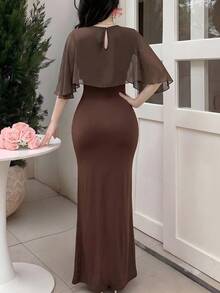 Modelyn 女款圓領腰部金屬裝飾優雅長洋裝 - 棕色 - 查看 3