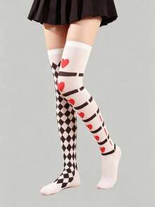 ROMWE Goth 1 Pair Women's Heart Pattern Plaid Over-The-Knee Long Socks - Multicolor - View 4
