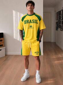 Gritte Field Men's Colorblock Brazil Print T-Shirt And Shorts Sports Set, Gym - Multicolor - View 1
