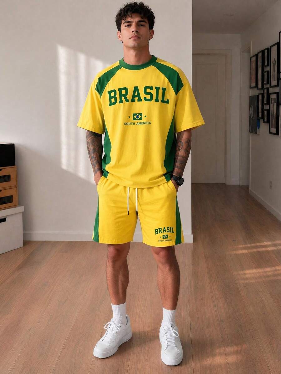 Gritte Field Men's Colorblock Brazil Print T-Shirt And Shorts Sports Set, Gym - Multicolor - View 1