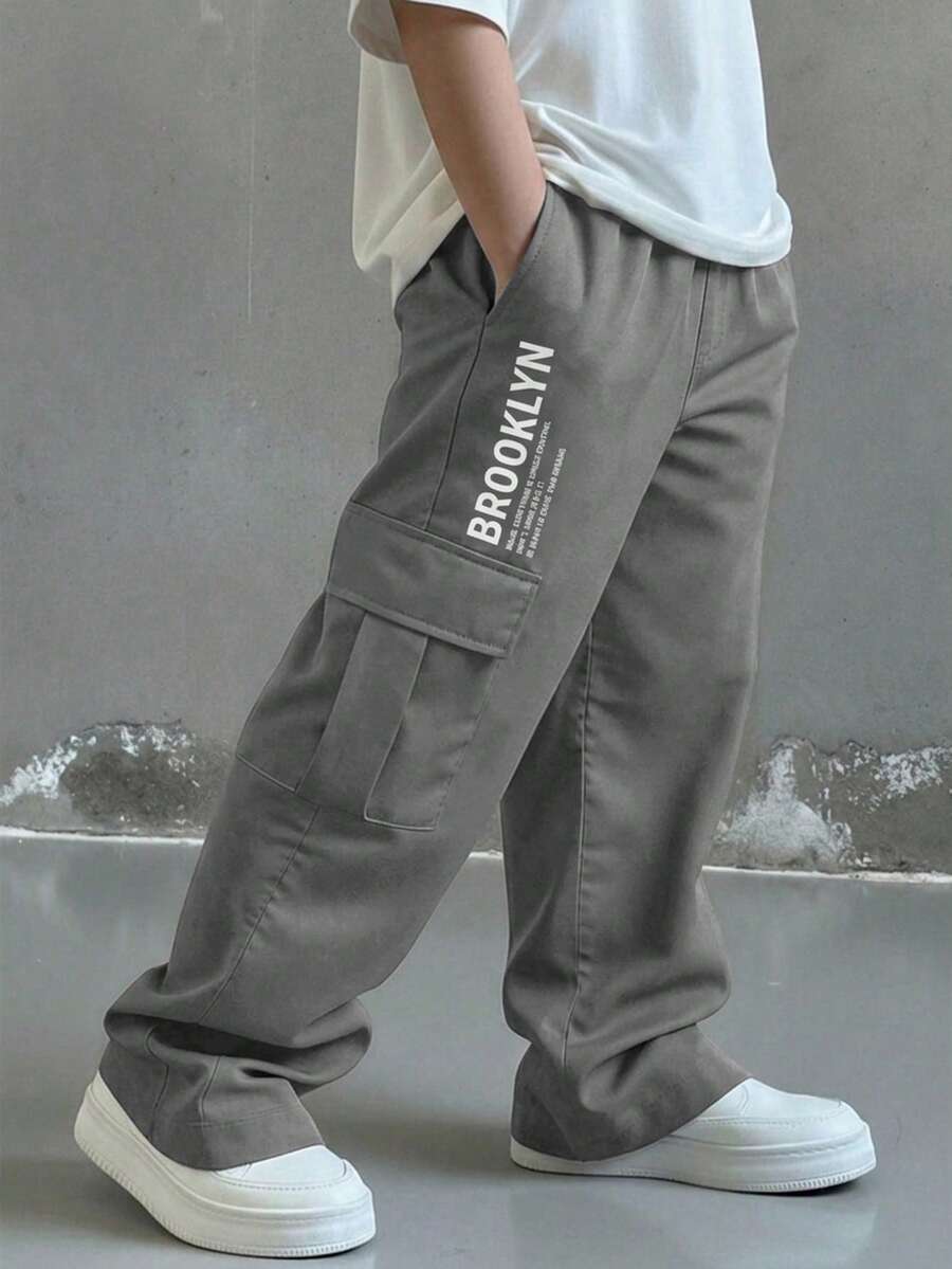 SHEIN 兒童青少年男孩休閒字母印花日常款 - 灰色 - 查看 1