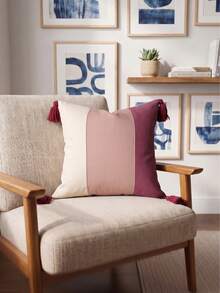 Cirelle 1pc/2pcs All-Season 3-Tone Vertical Color Block Canvas Pillow Covers With Four-Corner Tassels, Minimalist Modern Boho Neutral Home Decor Cushion Cases For Sofas, Bedrooms, Bay Windows, Apartments & Homestays, Pillow Insert Not Included - Pink purple - View 4