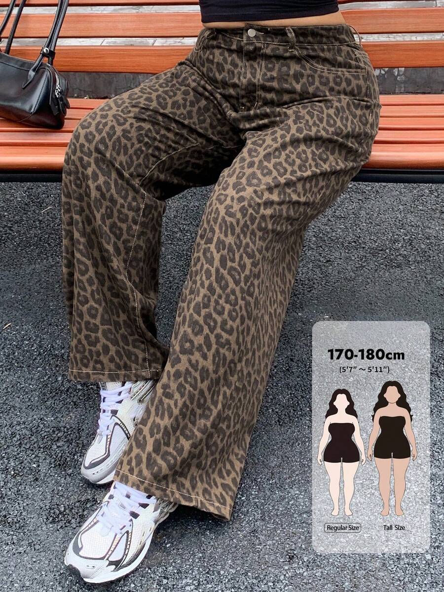 Dazy Tall Curve Jeans de mujer talla grande con cintura semi-elástica, estampado de leopardo, estilo callejero, corte holgado, para otoño y todas las estaciones, retro, marrón, para mujeres altas - Marrón - Ver 1