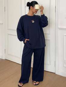 Dazy Plus Minimalist Cute Cartoon Print Raglan Sleeve Loose Fit Loungewear Plus Size Women's Pajama Set Spring Summer - Navy Blue - View 3