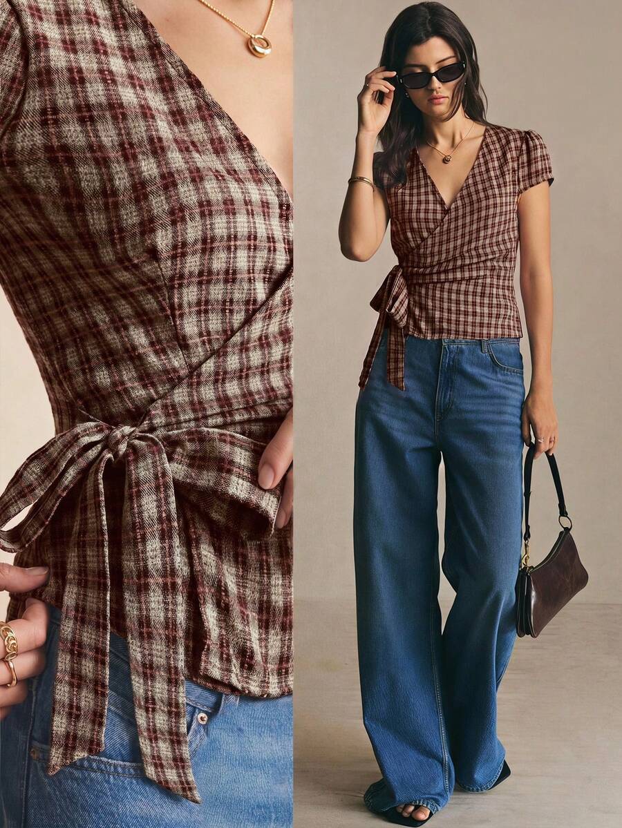 Poéselle Women's V-Neck Plaid Casual Versatile Daily Wear Shirt - Coffee Brown - View 1