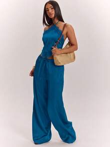 SHEIN BAE Conjunto de top halter sin espalda con patchwork de encaje y pantalones - Agua verde azul - Ver 3
