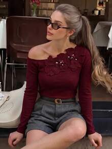 Anewsta Women's Autumn/Winter 3D Floral Embroidered Beaded Rhinestone Fitted Skin-Friendly Cold Shoulder Asymmetric One-Shoulder Knit T-Shirt Top - Red Violet - View 8