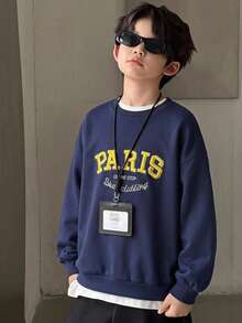 Dazy Kids Round Neck Loose Casual Letter Embroidery Long Sleeve Sweatshirt Top Autumn Boys (Large) - Navy Blue - View 5
