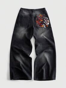 ROMWE MEN 男士刺繡圖案寬鬆版牛仔褲 - 黑色 - 查看 1