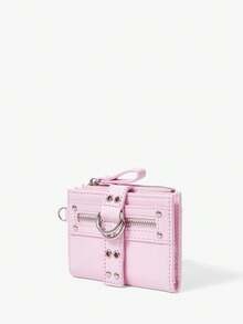 Viva Strut Y2K Pink Zip Wallet With Metal Rivets & Grommets, Unisex Card Holder Purse For Daily, Travel, Shopping, Festival, School - Pink - View 2