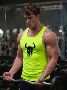 GymBeat Men's Summer Letter Graphic Loose Fit Muscle Tank Top Sleeveless Workout Shirts Neon Workout Top, Gym Sports - Mustard Yellow - View 1