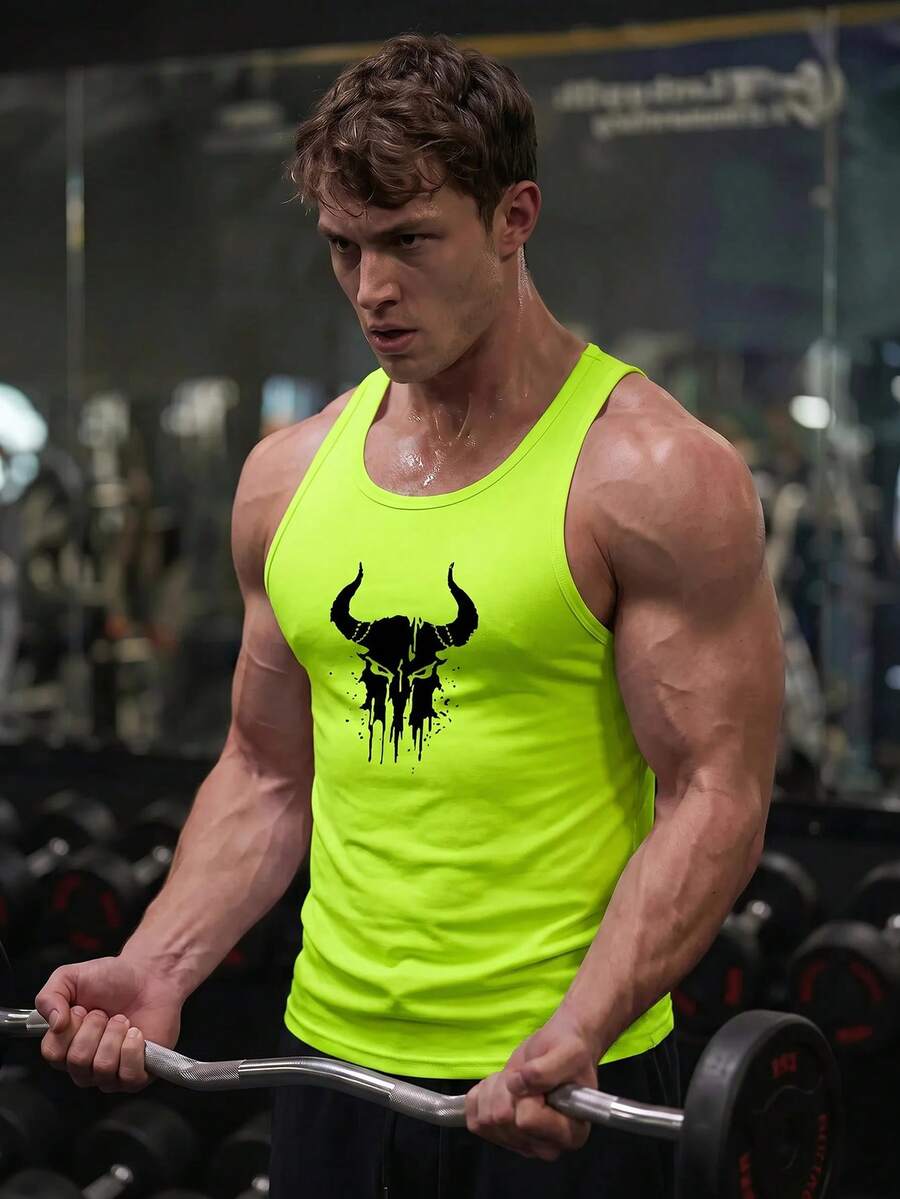 GymBeat Men's Summer Letter Graphic Loose Fit Muscle Tank Top Sleeveless Workout Shirts Neon Workout Top, Gym Sports - Mustard Yellow - View 1