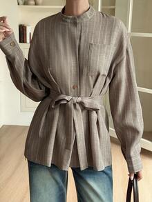 DAZY Women's Small Stand Collar Loose Waist-Cinching Casual Blouse Fall - Khaki - View 6