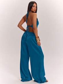 SHEIN BAE Conjunto de top halter sin espalda con patchwork de encaje y pantalones - Agua verde azul - Ver 2