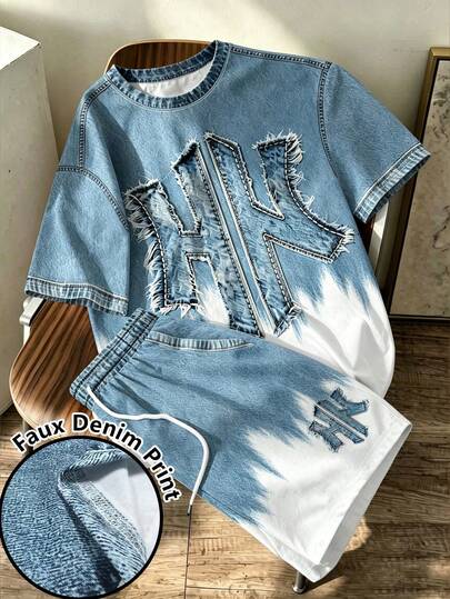 Manfinity Homme Bộ 2 món nam size lớn phong cách vintage Mỹ, màu xanh trắng gradient, giả denim in tie-dye, viền thô, áo sơ mi ngắn tay tối giản đường phố, quần short lưng thun dây rút, áo top casual unisex, áo thun graphic nam nữ, trang phục mùa hè du lịch và dã ngoại