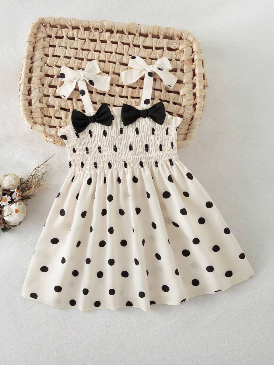 SHEIN Baby Girl Summer Vacation Patchwork Bow Strap Embroidered Hem Dress - Black and White - View 1