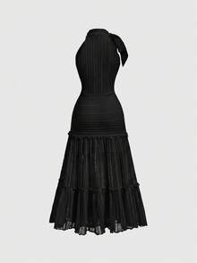 SHEIN MOD 女款素色百褶優雅掛脖洋裝 - 黑色 - 查看 4