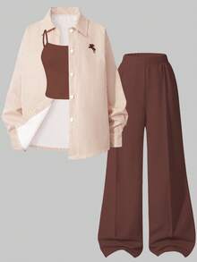 SHEIN Conjunto de 3 Peças para Menina Pré-Adolescente, Camisa de Manga Longa Amarela com Gola de Lapela e Estampa Digital Listrada, Calça Longa Preta, Outono, Casual, Escolar - Castanho - Visão 1