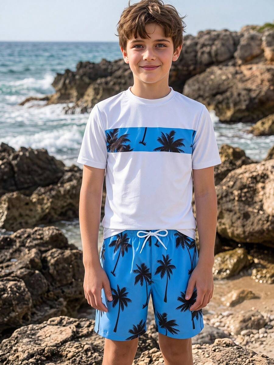 SHEIN Tween Boys 2 Pieces Swimwear Set,White Funny Graphic Print Top And Swim Trunks,Summer Beach Vacation Holiday Rash Guard,Casual Cool Pool Outfits - Multicolor - View 1