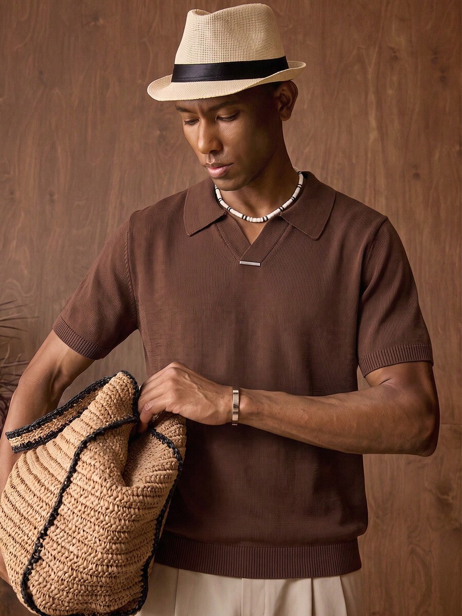 AKNOTIC Men's Solid Color Collared Short Sleeve Casual Knit Top - Coffee Brown - View 1