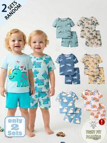 SHEIN 8件/套随机发货，2件套紧身睡衣套装，婴儿/幼儿男童夏季短袖短裤家居服，可爱海洋动物图案，如鲨鱼、海星、字母、犀牛、海龟 - 彩色 - 查看 5