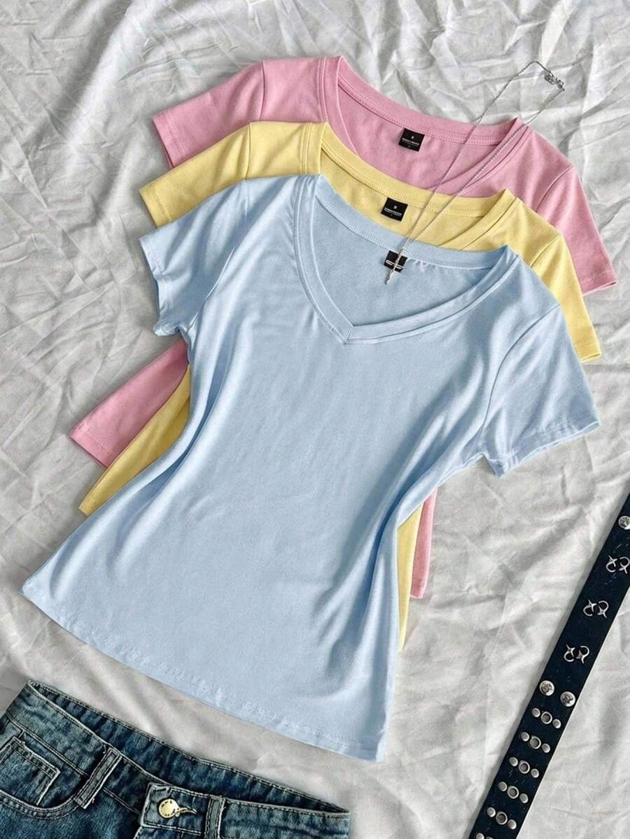 SHEIN EZwear 3件組女款夏季V領修身T恤,龐克次文化動漫純色基礎款短袖修身T恤 - 彩色 - 查看 1