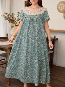 Lacomfia Floral Print Patchwork Collar Casual Loose Comfortable Short Sleeve Round Neck Plus Size Dress - Green - View 5