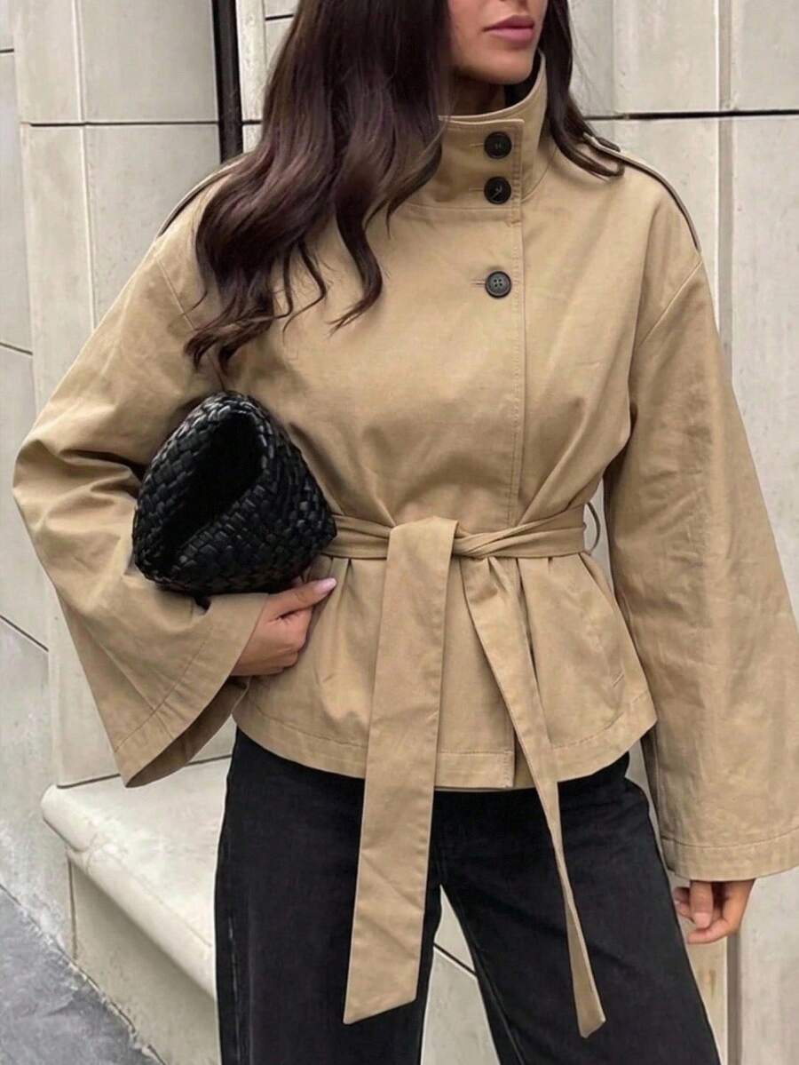 Aloruh Khaki Cinched Waist Short Women's Trench Coat, Versatile For Autumn/Winter, Early Fall Outfits Teachers' Day Office Smart Casual Elegant French
