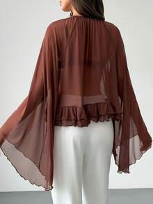 Aloruh Women's Elegant Sexy Crew Neck Multi-Layer Ruffle Hem Loose Bell Sleeve Knit Mesh Long Sleeve T-Shirt Date Night Night Out Dark Brown Summer - Brown - View 6